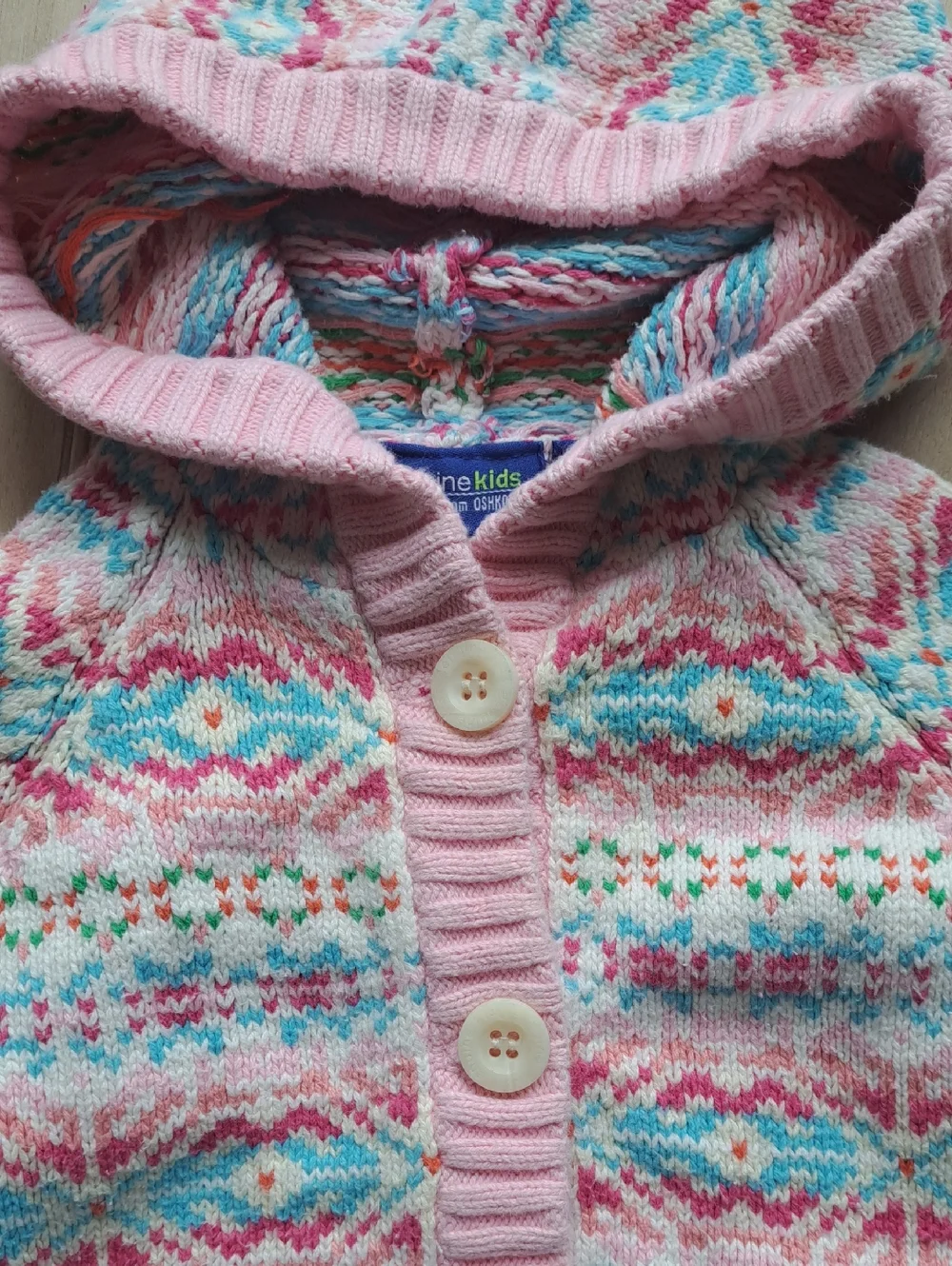 Genuine Kids OshKosh Fair Isle Hooded Chunky Knit Cotton Cardigan Sweater 9M